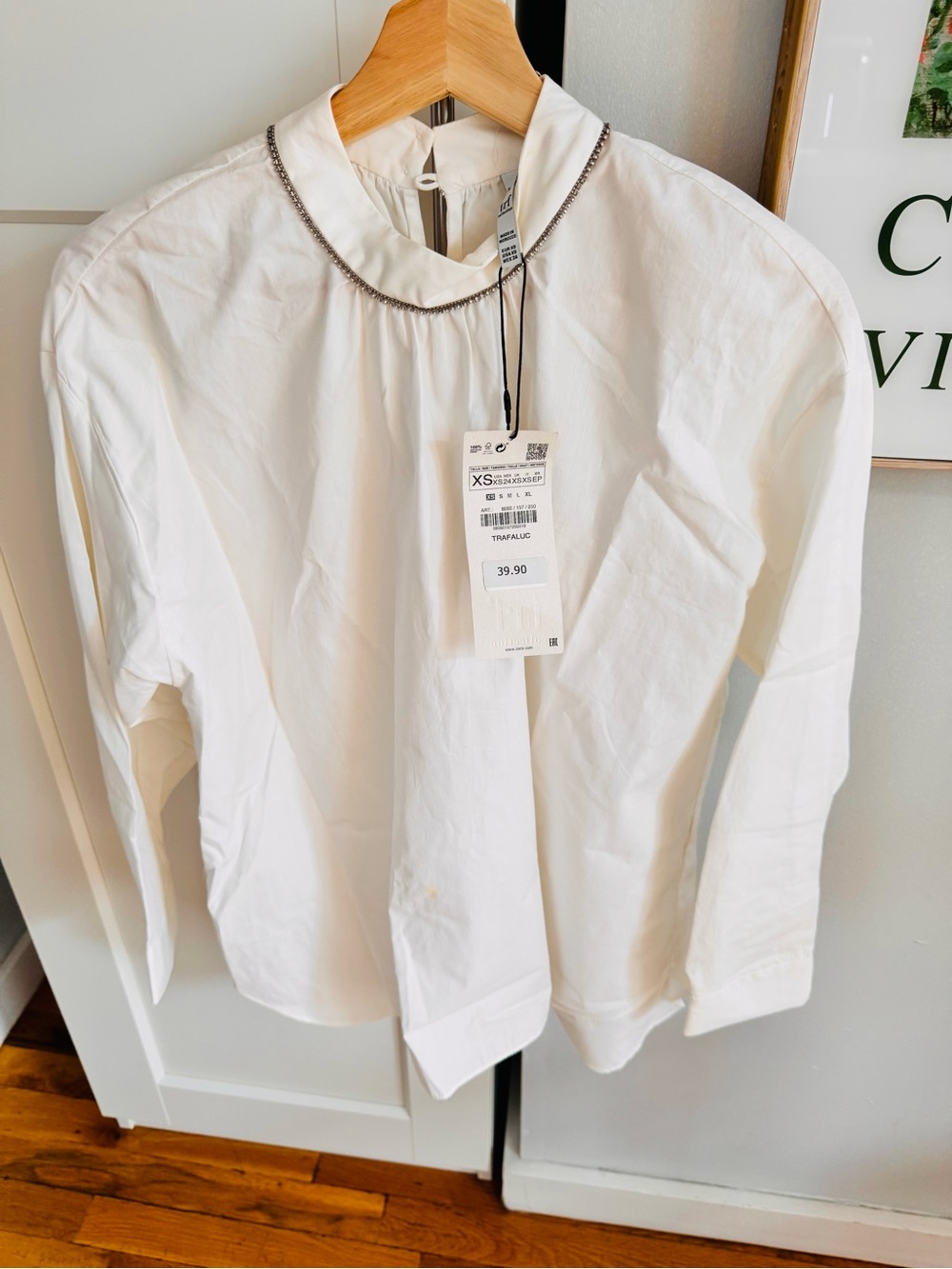 Zara White Long Sleeve Blouse with Beaded Collar